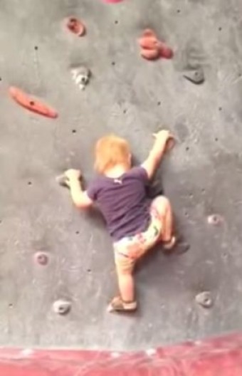 Baby Climbs Rock Wall